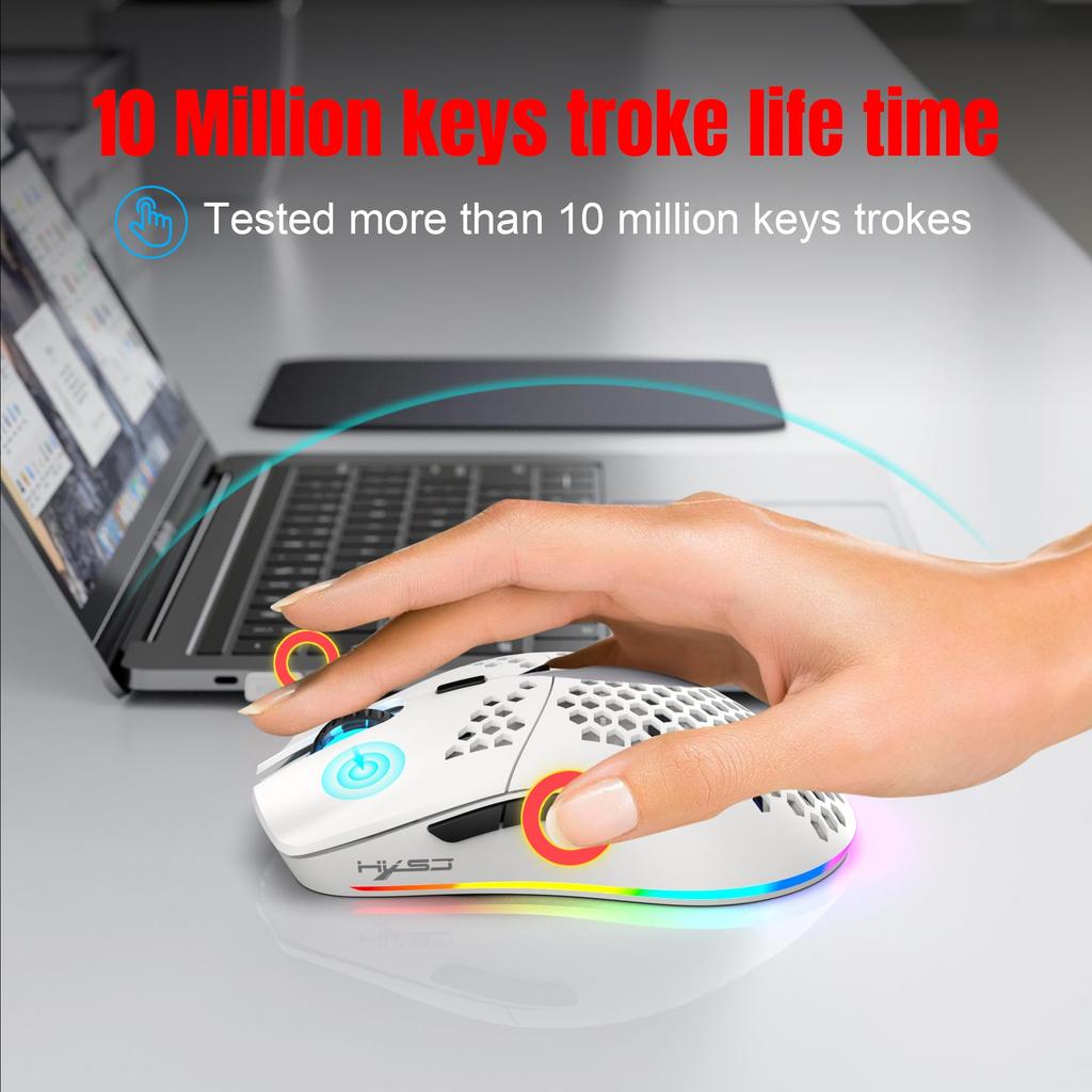 ZIYOU LANG T66 Wireless Gaming 1000Hz Report RGB DPI White Mouse, Rate, Illumination, 5-Level Adjustment, 90g,