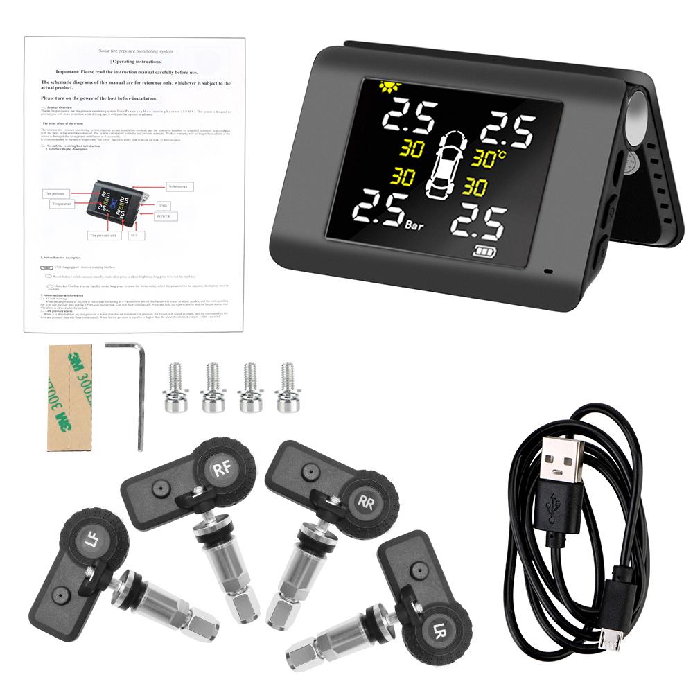 Car Tire Pressure Monitoring System LED Display Solar Power TPMS With 4 External or Built-in Sensors