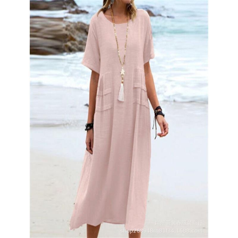 New Women's Cotton Pocket Casual Solid Color Short Sleeved Dress