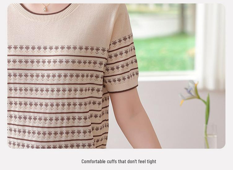 Mom's 2026 Summer Short-Sleeve Striped Knit Top, Ice Silk T-Shirt for Middle-Aged and Elderly Women