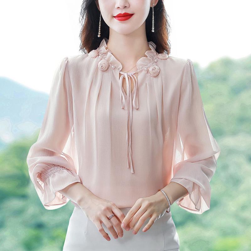 

Элегантная весенняя женская блузка с отделкой кружевом с бисером и завязками на шее, с длинным рукавом, шифоновая рубашка L розовый