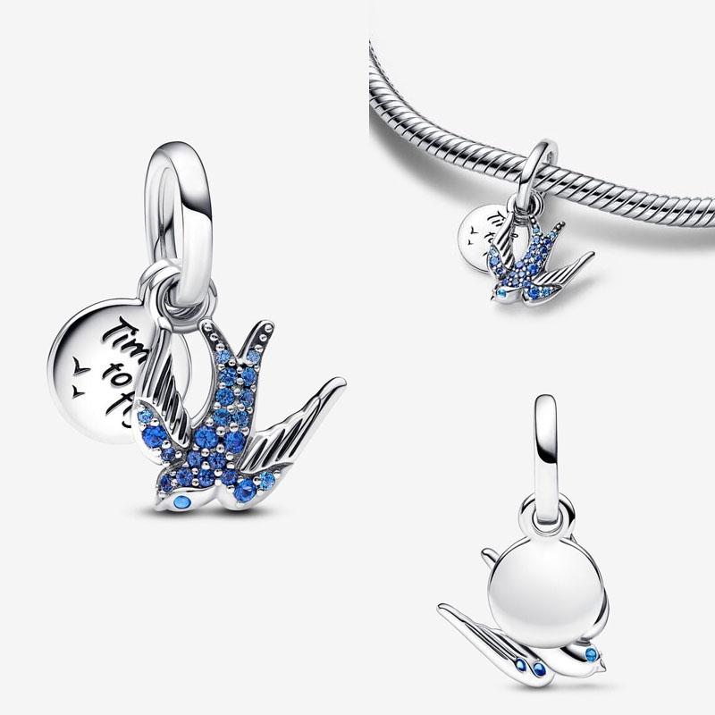 925 Silver Bangle Bracelet with Blue Zircon Beads and Flying Swallow Dangle Pendants Jewelry