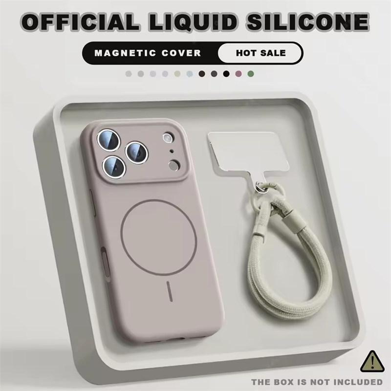 Magnetic Wrist Strap Liquid Silicone Phone Case For iPhone 12 13 16 17 Pro Max Air 15 14 16 Plus 16E Magsafe Lanyard Cover