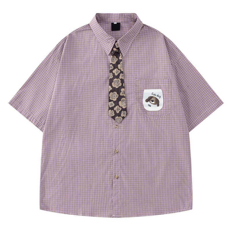 2026 new Japanese retro plaid tie short-sleeved shirt men s and women s summer loose puppy patch shirt tide M розовый