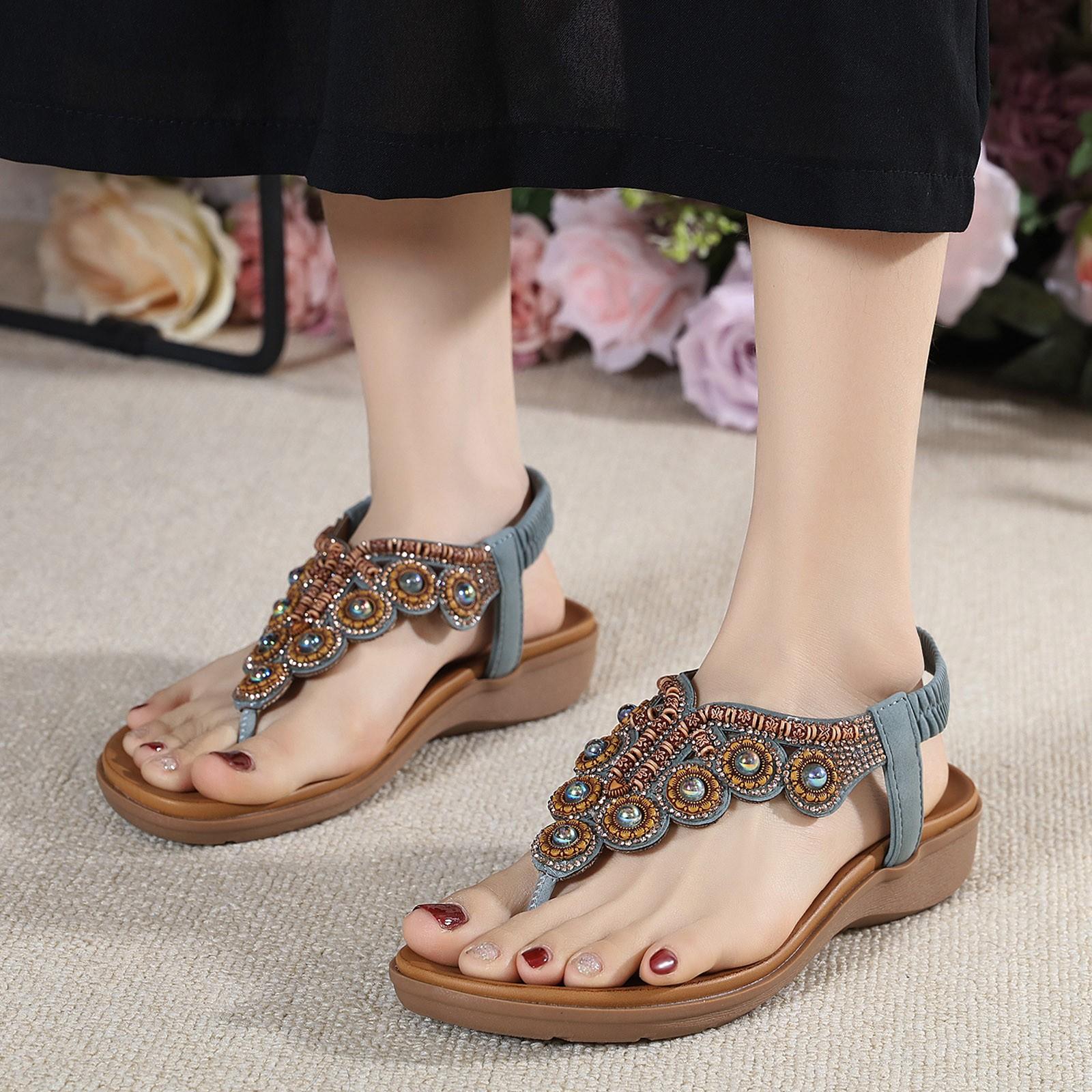 

Summer Sandals Women S Bohemian Style Clip On Bead Sandal With Rhinestone Buckle And Elastic Style Beach Shoes For Woman Hot 37 сірий
