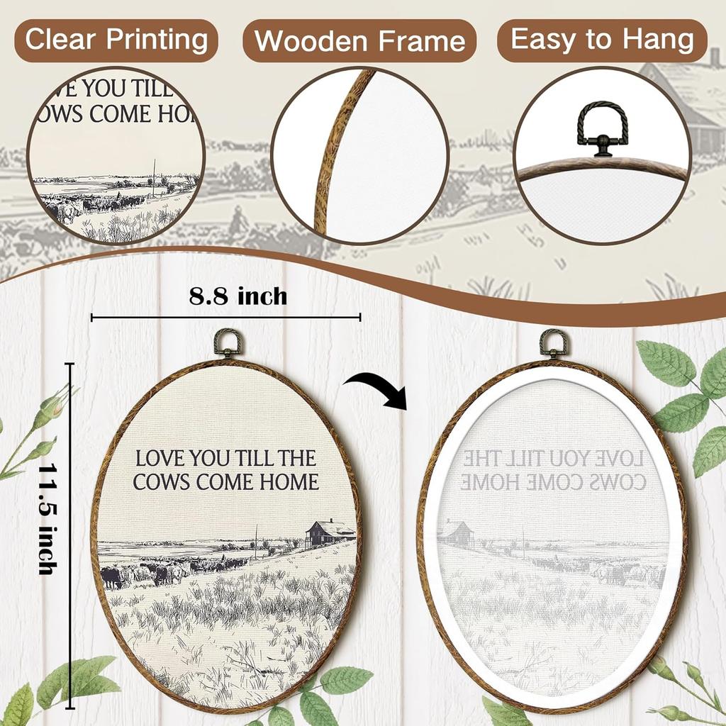 FSTCSV Vintage Western Cow Oval Wall Art Framed, Western Cowboy Cows Canvas Prints Wall Hanging Art, Love You Till The Cows Come Home Oval Walls