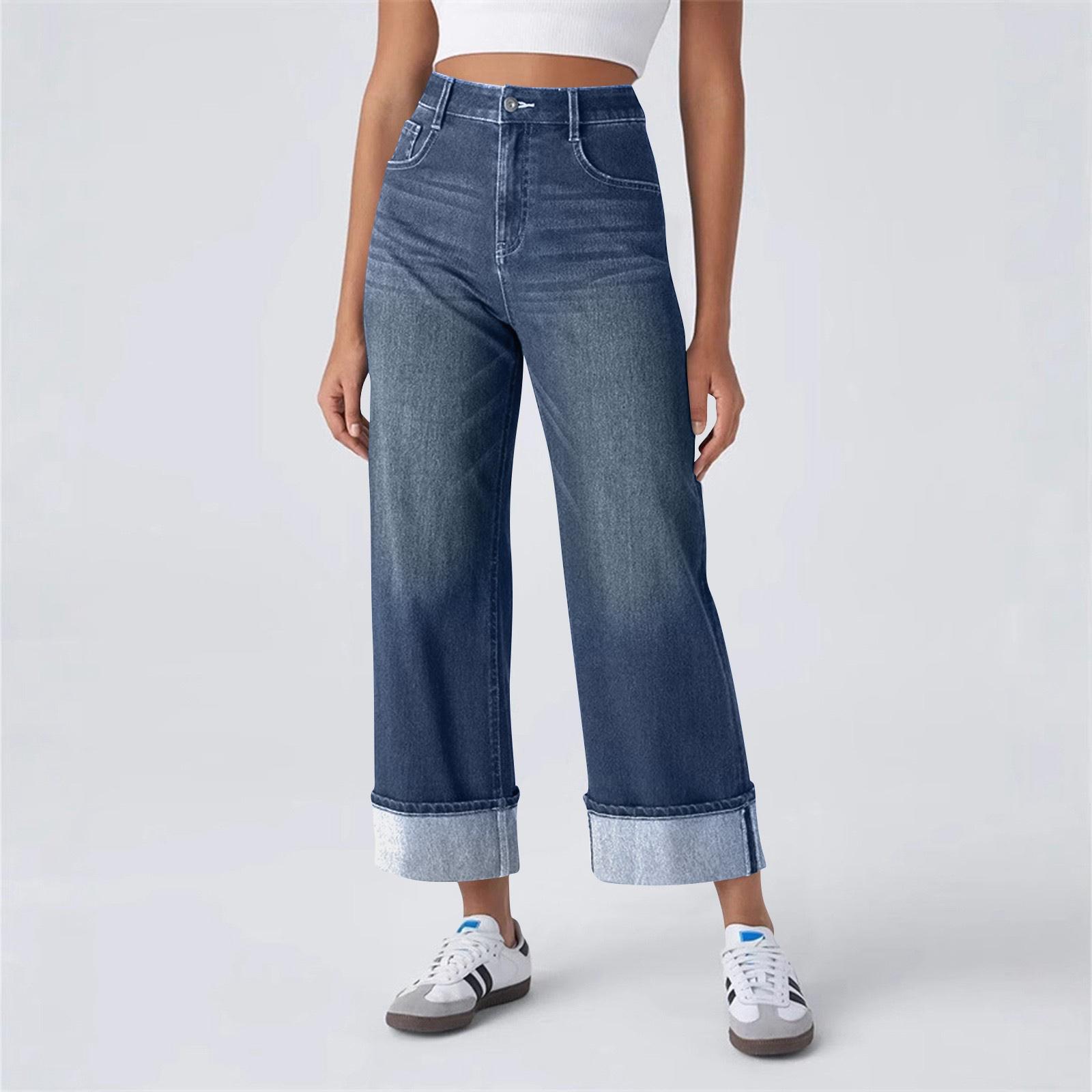 

Women s Fashionable Color Pocket Straight Leg Rolled Edge Jeans XL синий