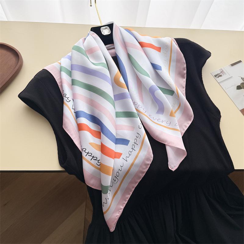 English Line Simulation Silk Printing Silk Scarf Small Square Scarf High-end Shawl Sunscreen Neck Scarf Headscarf Scarf Women