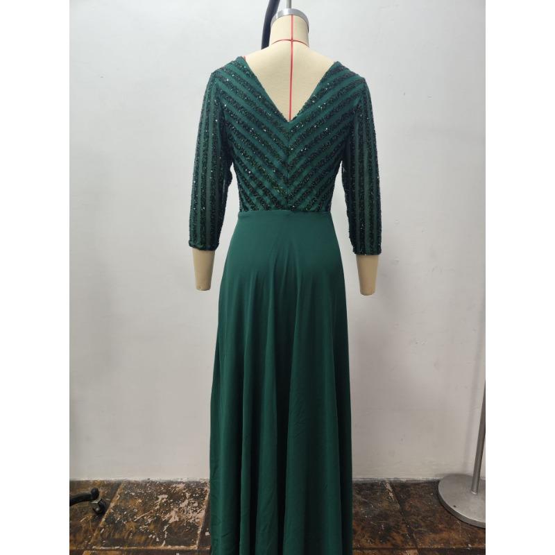 Abito da sera da donna in chiffon con scollo a V profondo, manica lunga, linea ad A, patchwork di paillettes