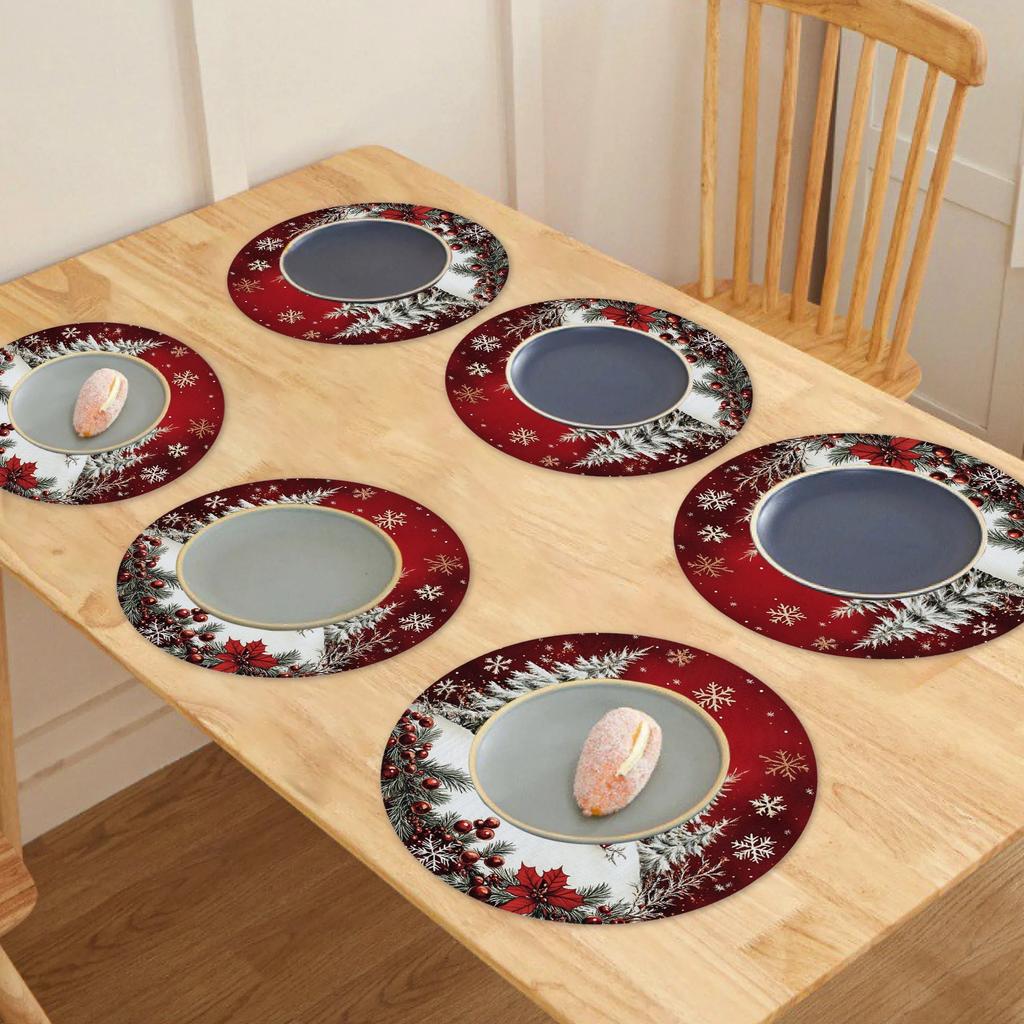 6pcs Winter Placemat -38cm Round, Christmas Snowflake Pattern, Anti Slip and Heat-resistant, for Christmas Decorative Placemats