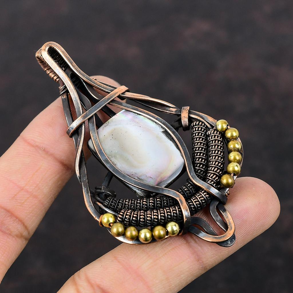 Black Mother Of Pearl Copper Pendant Wire Wrapped Pendant Handmade Pendant Copper Wire Wrap Jewelry Engagement Gift Natural Gemstone Jewelry