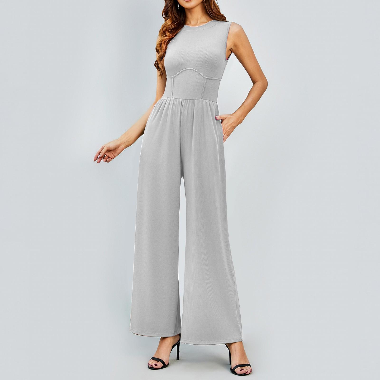 

Женский однотонный комбинезон без рукавов с широкими штанинами Комбинезон без рукавов с широкими штанинами с высокой талией Женские комбинезоны L