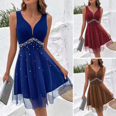 Dames Avondjurk V-hals Mouwloos Imitatie Parel A-lijn Dubbellaags Mesh Strakke Hoge Taille Effen Kleur Baljurk Zomer Feest Schoolfeest Mini-jurk