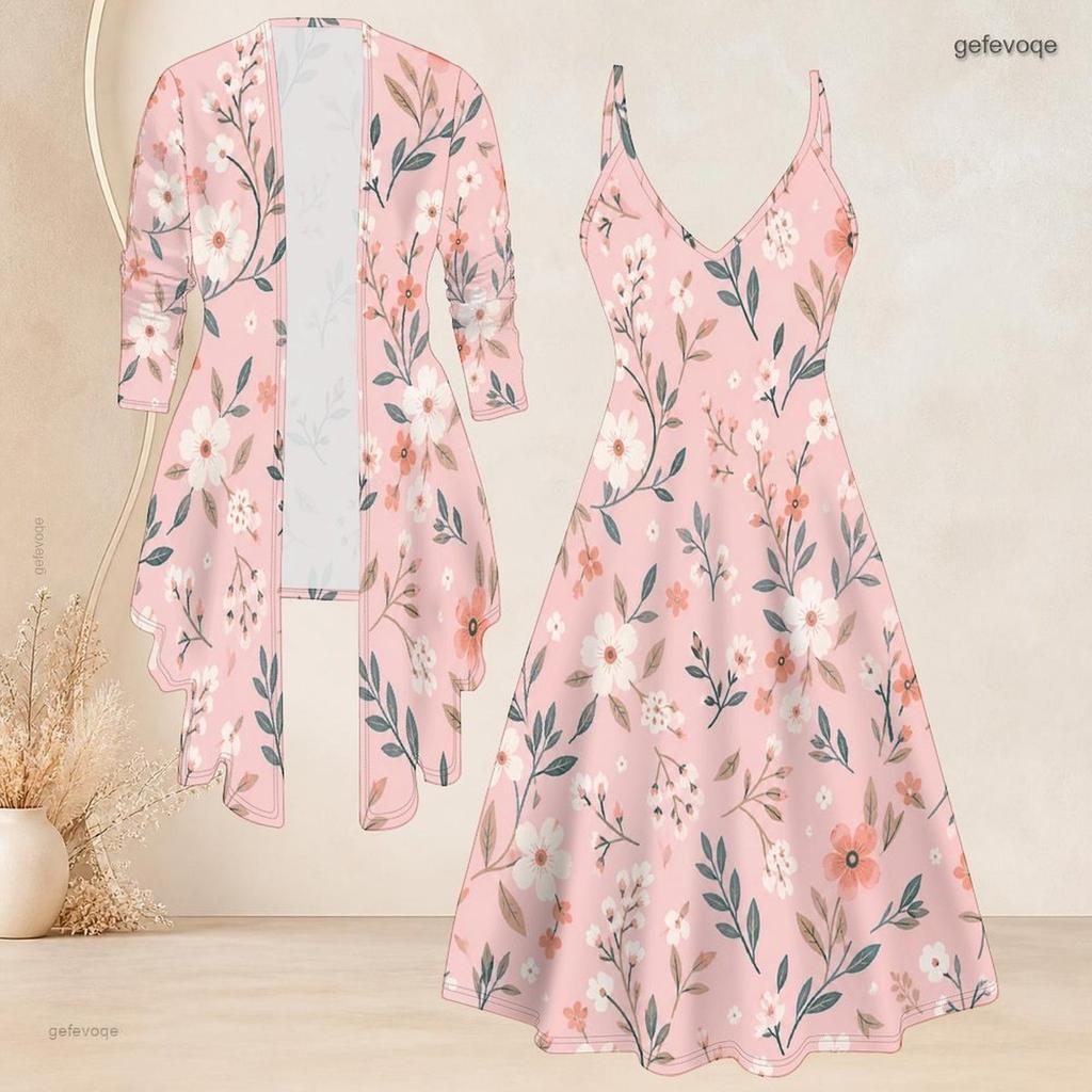 Women Plus Size Two Piece Outfit Long Sleeve Open Front Jacket Cami Maxi Dress