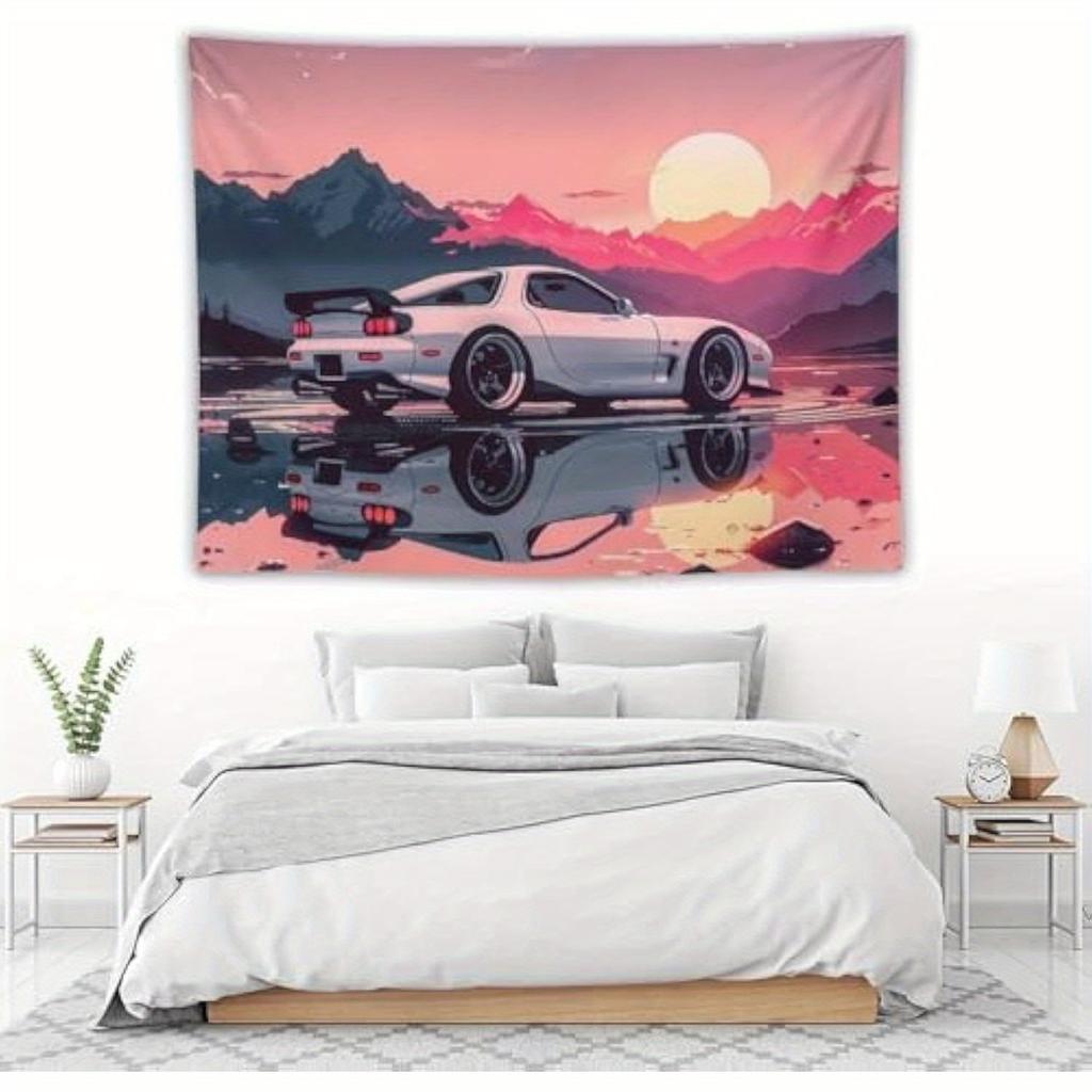 Japanese JDM RX7 Sunset Tapestry Wall Hanging Extra Large Vibrant Mountain Car Art Premium Polyester Fabric WrinkleResis