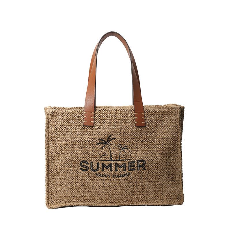 Fashion Retro Style Personalized Coconut Embroidery Handwoven Women's Tote Bag Beach Vacation Women's Shoulder Handbag