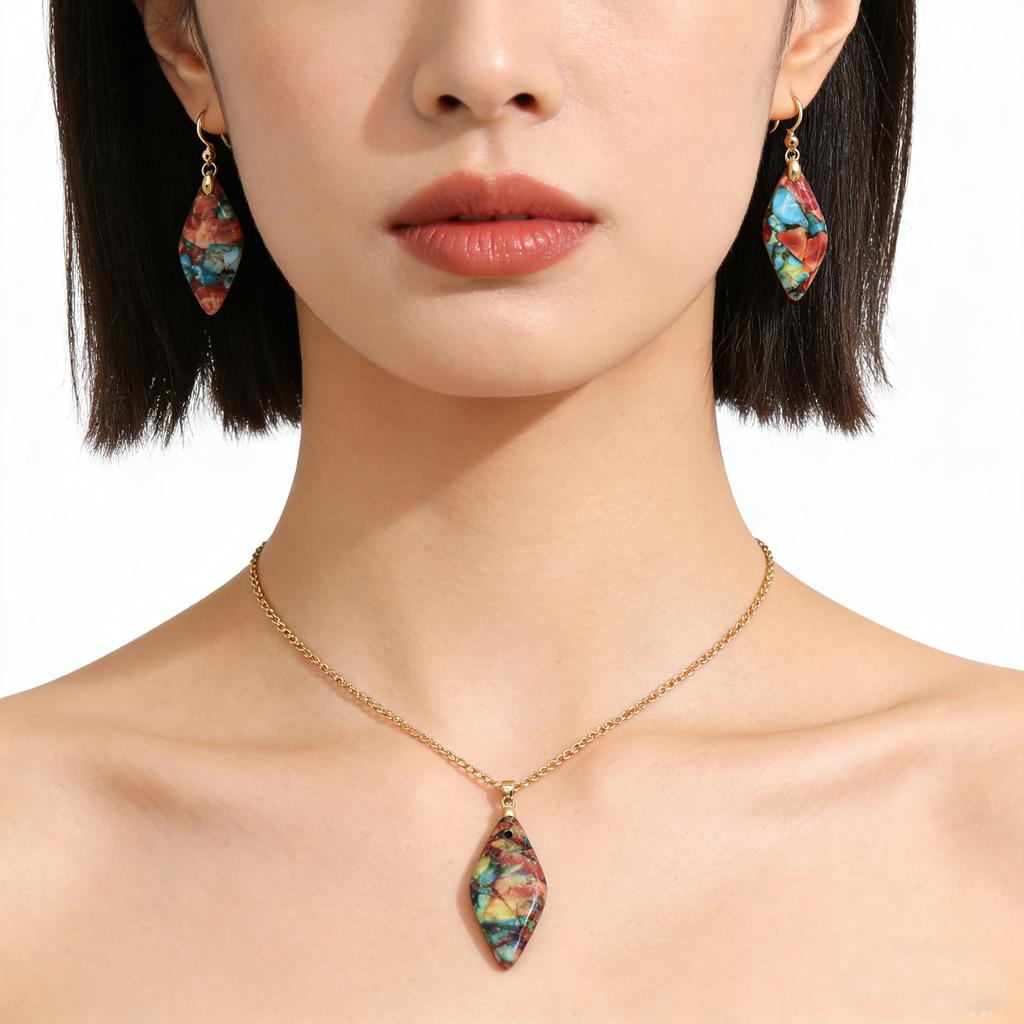Exclusive Natural Stone Plated 18K Real Gold Chain Pendant Necklace Earrings Jewelry