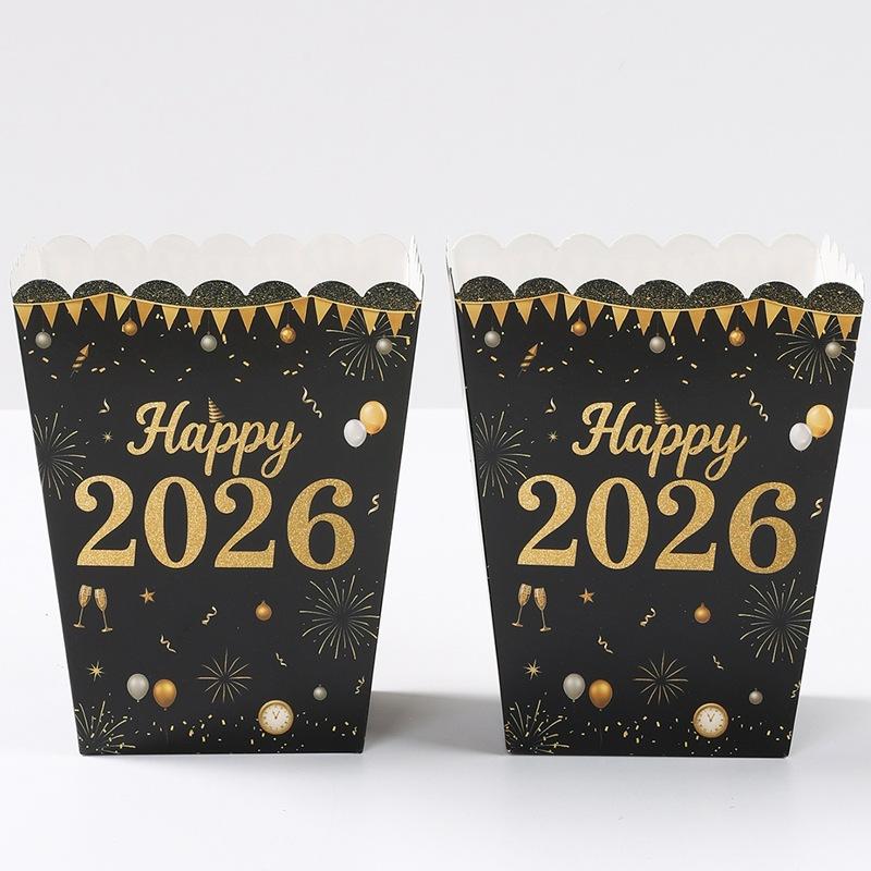 10Pcs Happy New Year 2026 Theme Party Decor Fireworks Popcorn Box Candy Cookie Packaging Boxes For Movie Night Party Decor