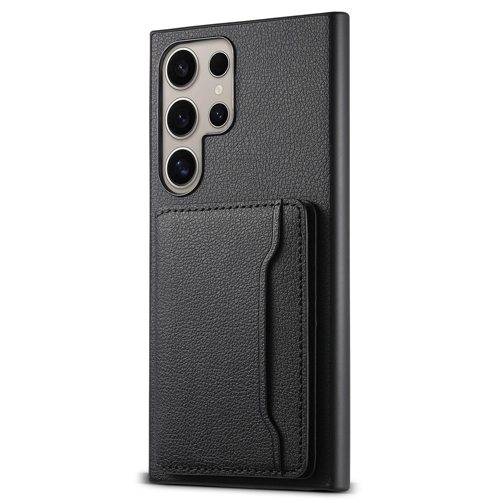 

Чехол для Samsung Galaxy S25 Ultra с отделениями для карт, подставкой, задняя крышка для телефона из кожи с текстурой теленка Black