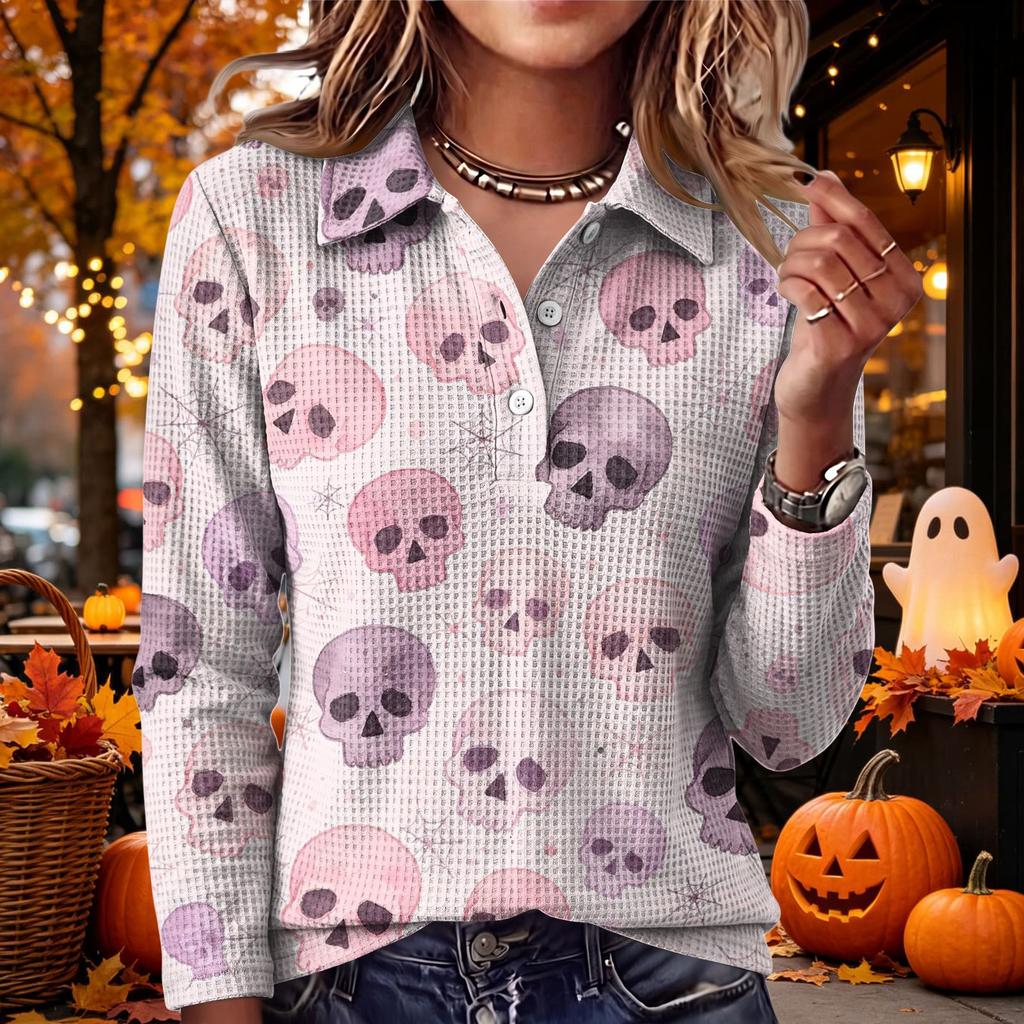 Women's Casual Long Sleeve Knit Top with Halloween Print and Lapel Collar