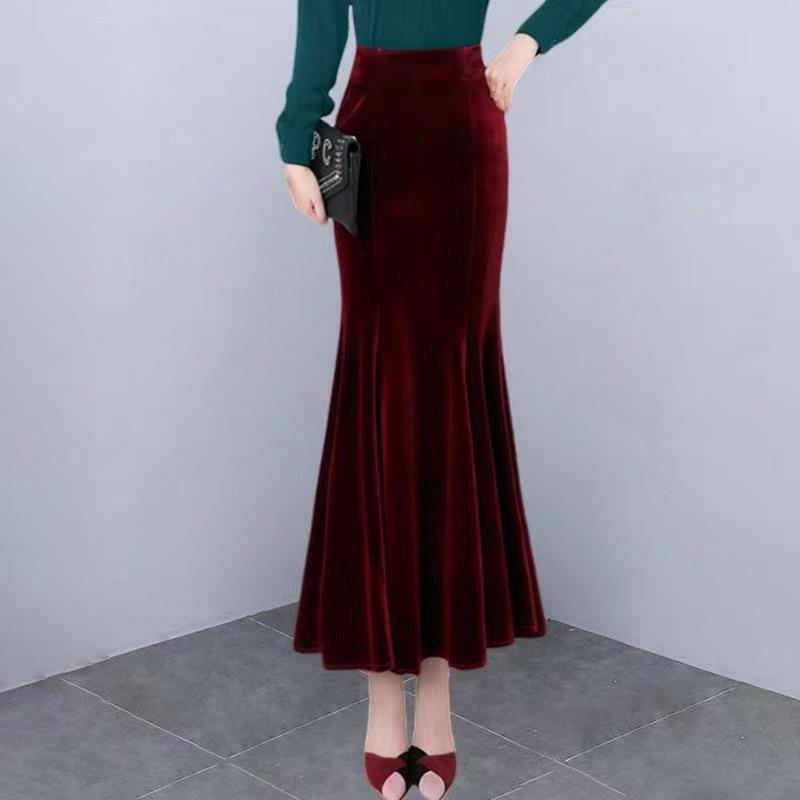 Women's High-Waist Gold Velvet Fishtail Midi Skirt – Plush, Thickened for Autumn/Winter