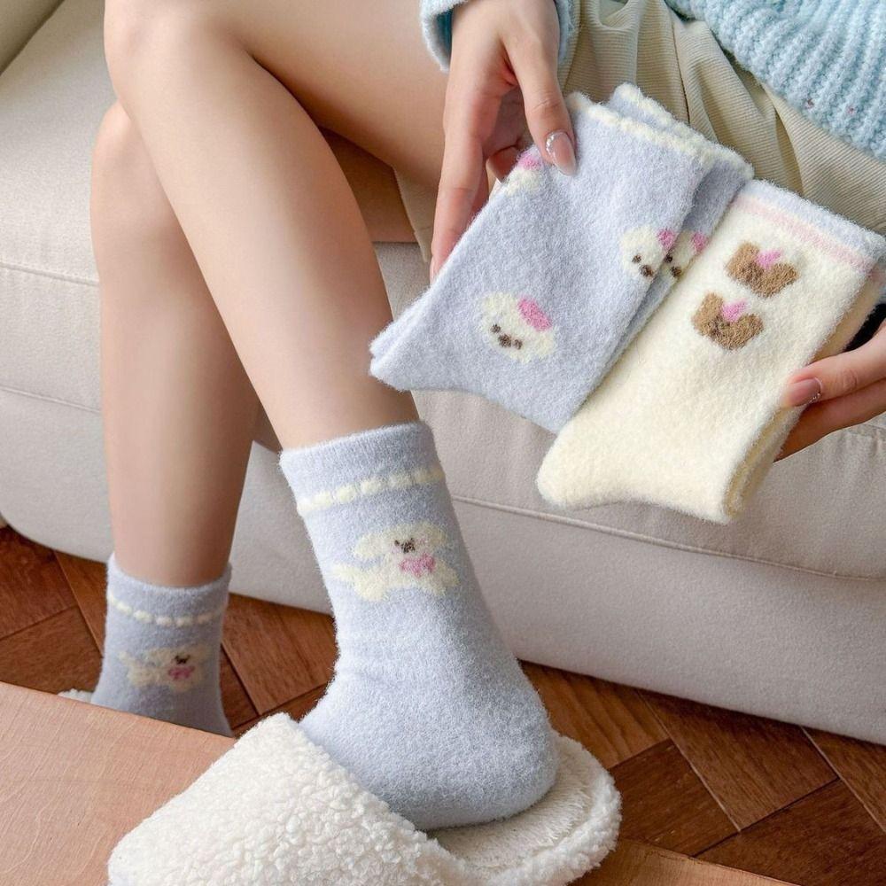 Weiche Acryl-Plüschsocken Wadenhoch Cartoon-Socken Niedliche Flauschsocken Für Damen