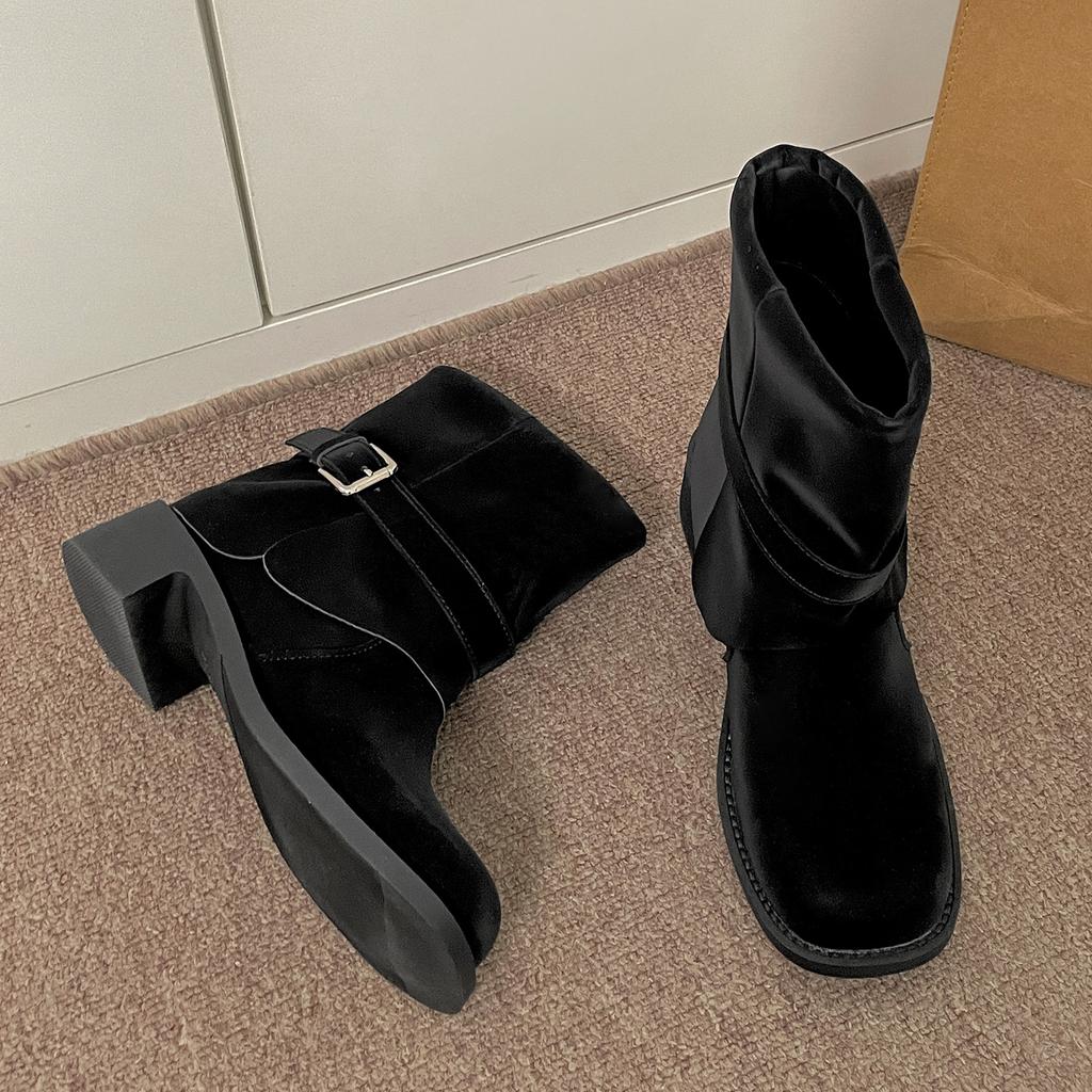 Fashion Autumn Winter Round Toe Women Ankle Boots Fashion Belt Buckle Slip On Square Heels Short Booties Office Ladies Daily Footwear