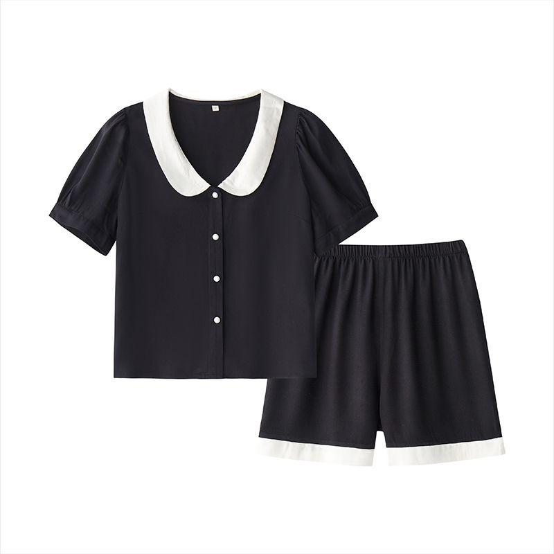 

2024 Short-Sleeved Doll Collar Black Cotton Silk Set Pajamas Pants Tribute Satin Classic Style Shorts Can Be Outerwear Homewear Short sleeve + shorts S [recommend below 52.50kg]]