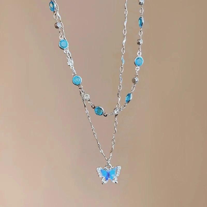 Romantic Blue Crystal Butterfly Necklace for Women Girls Simple Shiny Zircon Bilayer Choker Clavicle Chain New Fine Jewelry