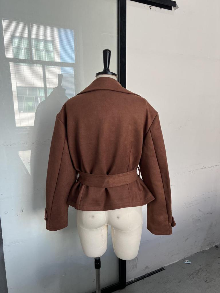 European and American Retro Autumn Suede Tie-Waist Coat with Turn-Down Collar