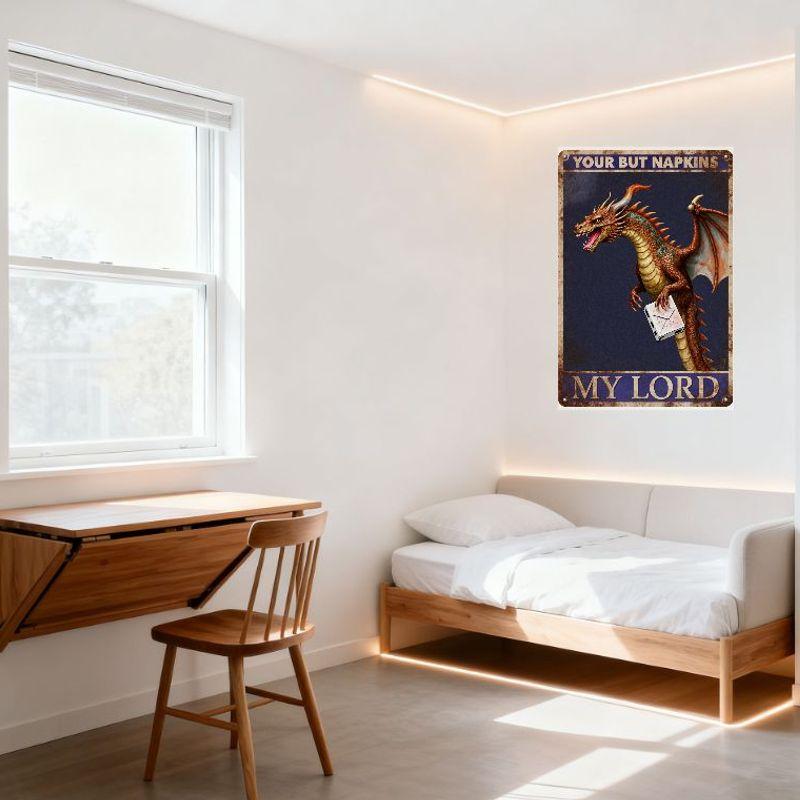 Vintage Dark Blue Metal Sign with Dragon Holding Napkin Dispenser - YOUR BUT NAPKINS & MY LORD Humorous Fantasy Decor for Bar Ma