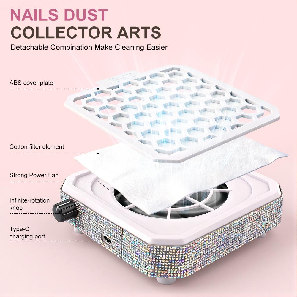 Nail Dust Collector with Rhinestones and Filter Pad, Powerful Vacuum Fan, Stepless Control Knob, Ideal for Acrylic Nail Salon To