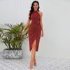 Summer Shiny Standing Neck Dress Slim Sexy Slit Irregular Dresses