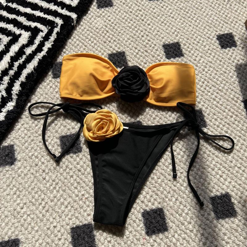 2024 American Style Color Contrast Rose Bandeau Tie Sexy Drawstring Tie Fashion Split Swimsuit Bikini Set Beach Party Clothes