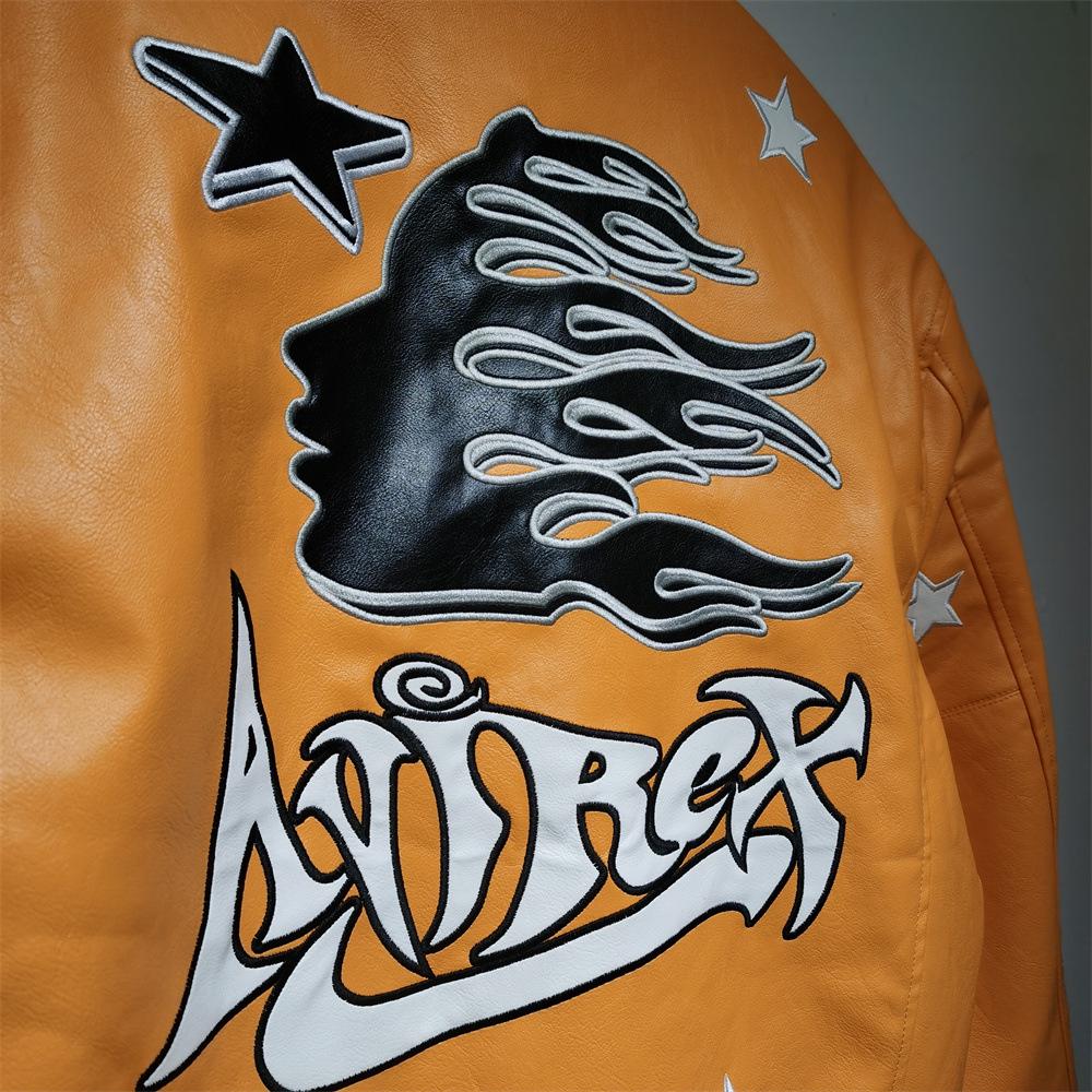 Avirex x Hellstar Men’s Leather Jacket: Trendy American Hip Hop Style Outerwear.
