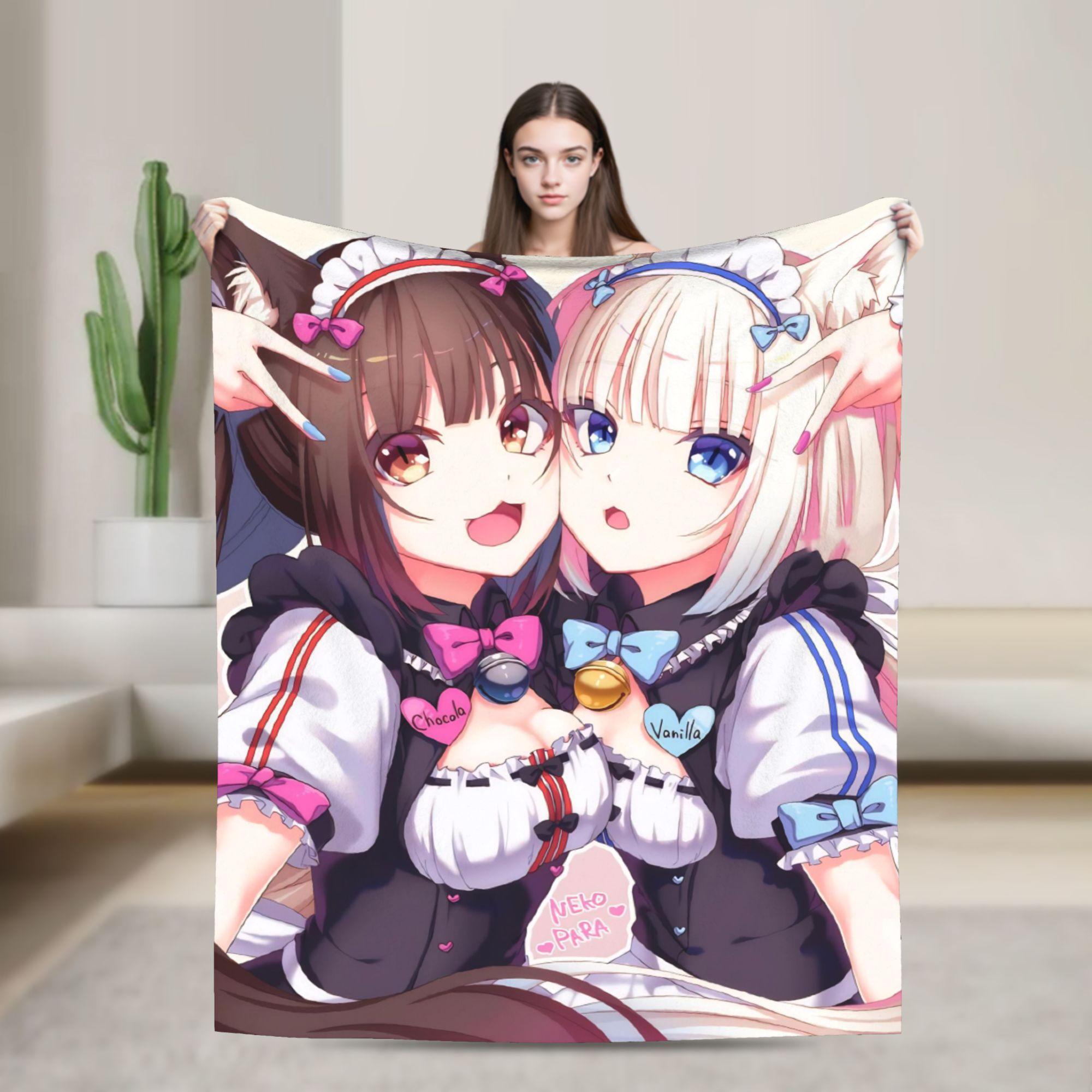 Cute Anime Chocola Vanilla Blankets Nekopara Cartoon Wool Funny Warm Throw Blankets for Bedspread Decoration 100x125cm (40x50inch)
