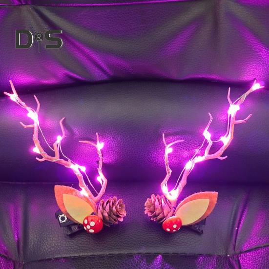 1 Pair Hair Pins LED Light Antler Decor Luminous Hair Clips Lightweight Easy To Wear Hairpins Christmas Hair Accessories
