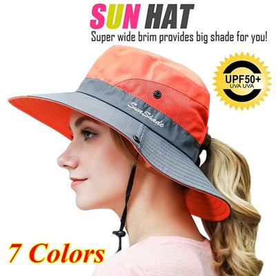 7 Colors Ponytail Women's Summer Sun Bucket Hats UV Hiking Wide Brim Beach Foldable Mesh Fishing Cap