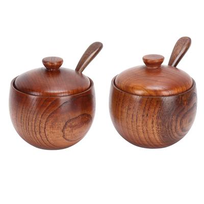 2 Set Barattolo Condimento Giapponese Contenitore Condimenti Retro in Legno con Coperchio e Cucchiaio per Cucina