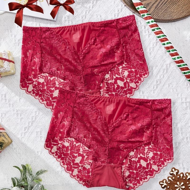 Culotte sexy en dentelle rouge grande taille pour femme avec détails en maille florale - Sous-vêtement taille haute doux, respirant et confortable