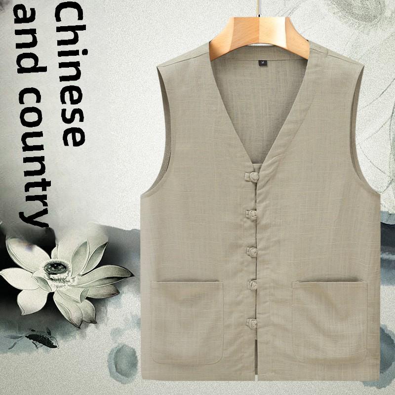 Men's Summer Linen Tang Suit Vest - Lightweight, Loose Fit, Sleeveless, Perfect for Middle-aged and Elderly.