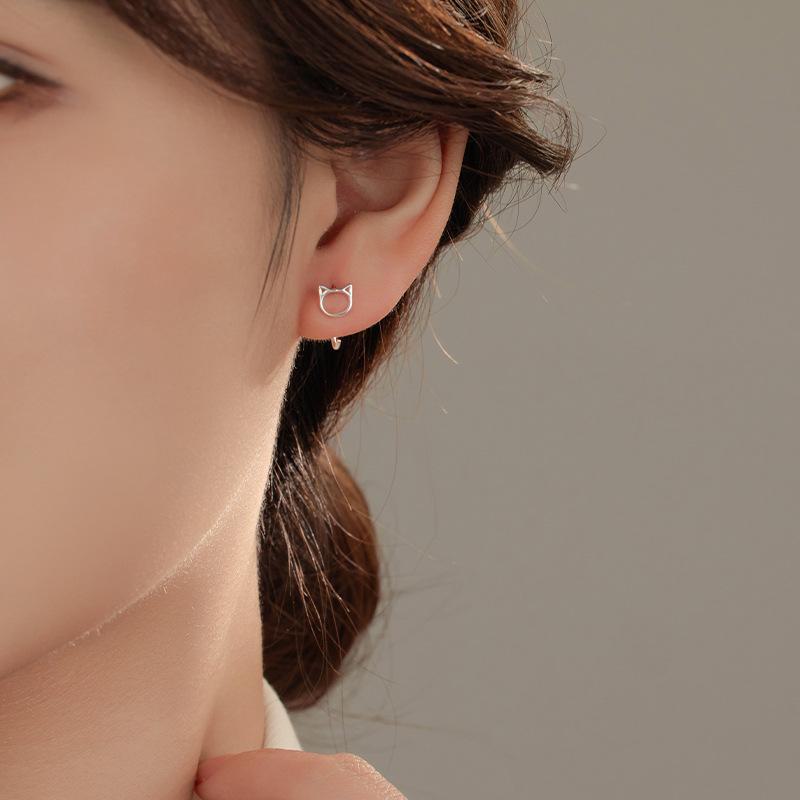 Banyan Tree S999 Silver Hollow Cat Ear Hooks: Cute Cat Earrings for Women