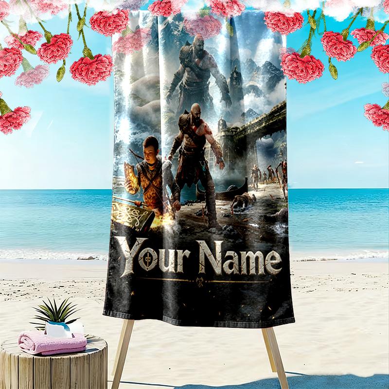 Name Custom Kratos God of War Print Beach Towel, Large Soft Quick Dry Towel for Beach Camping Swimming