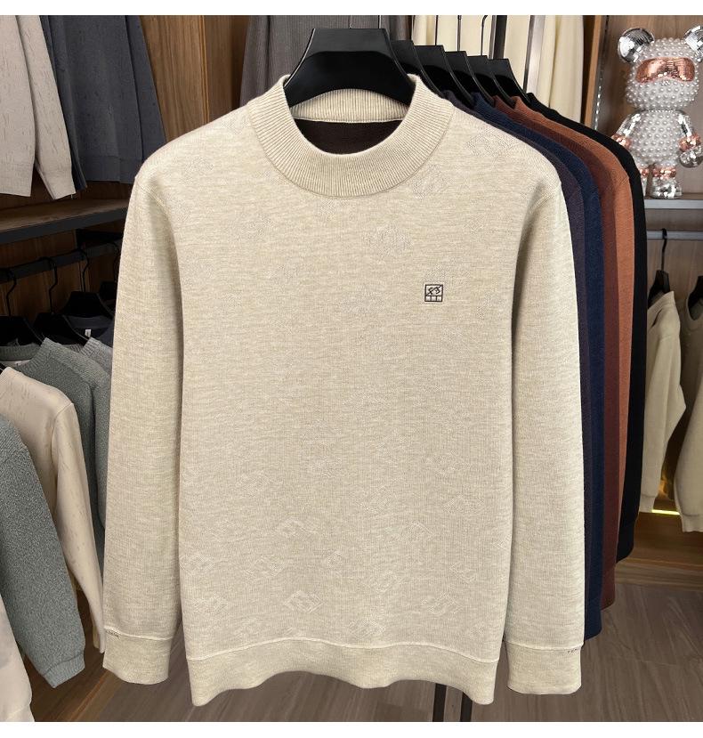 Men's Half-High Collar Jacquard Sweater with Velvet Lining - Warm, Skin-Friendly Knit Base Layer for Fall/Winter