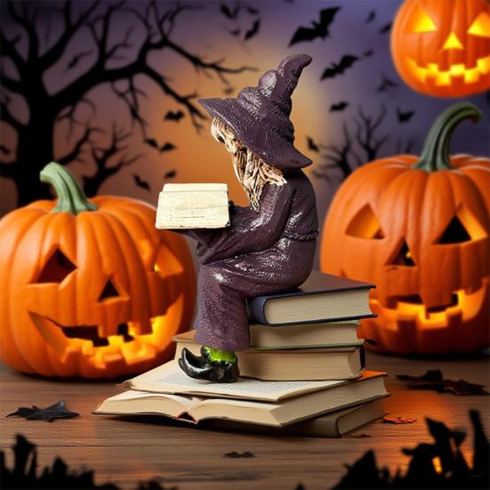 Reading Witch Figurine Halloween Shelf Sitter Witch Statue Resin Gothic Witch Collectible Ornament for Home Bookshelf Cabinet Decor