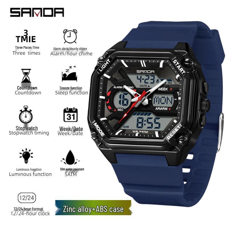 Sanda Men's Multi-Functional Sports Embossed Square Watch with Three-Zone Time and Alarm.