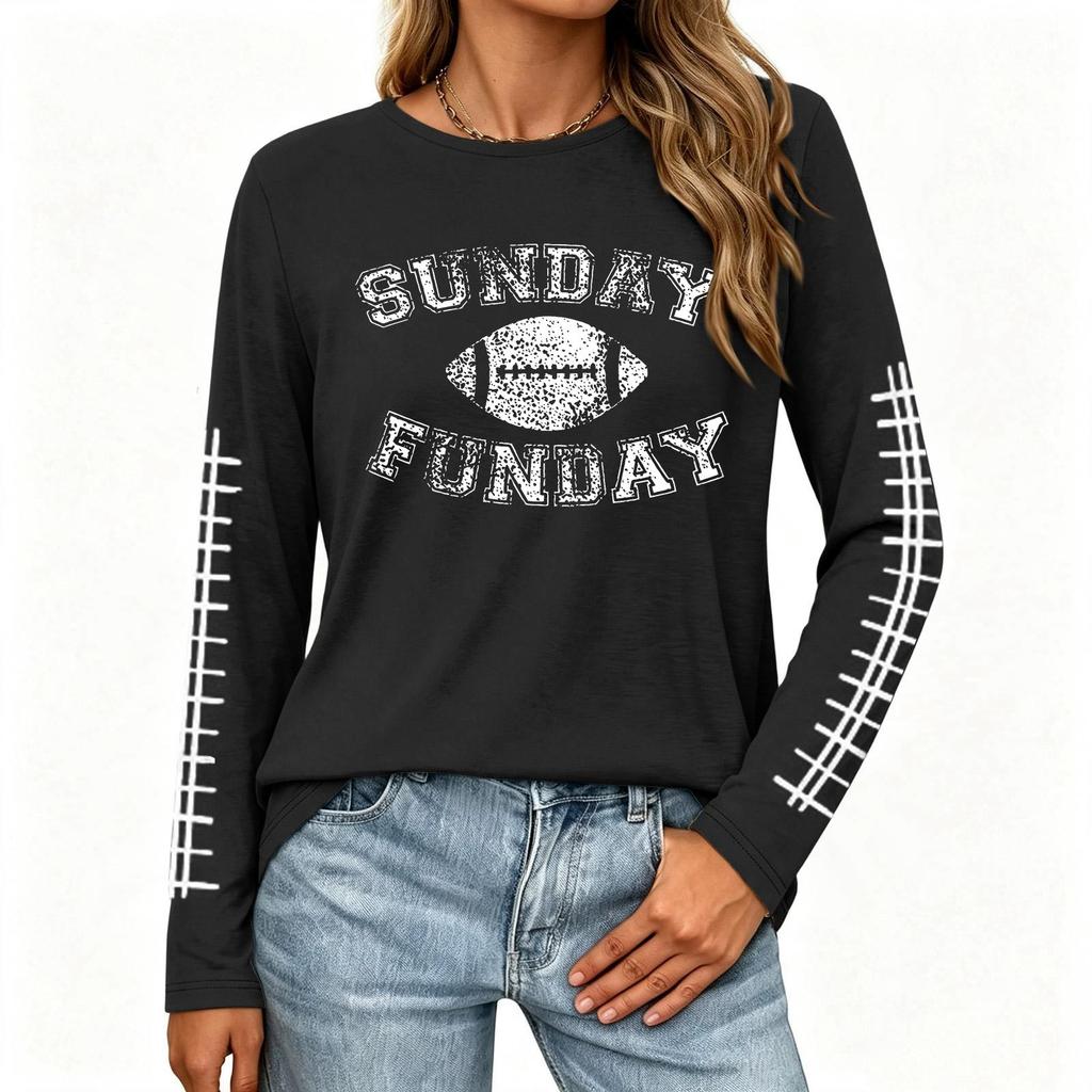 Women's Fashion Long Sleeve Neck Top with Rugby Graphic Print and Side Split Hem