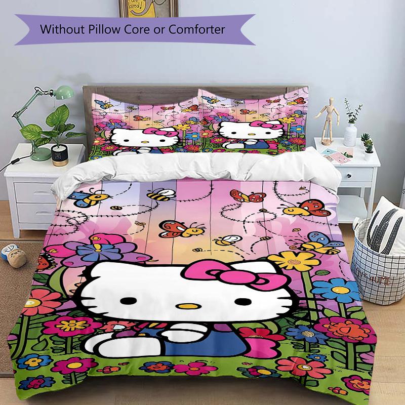 3pcs Flowers and Butterflies Hello Kitty Pattern Bedding Three-Piece Set (1 Cover + 2 Pillowcases, No Fillings), Soft and Comfortable S021