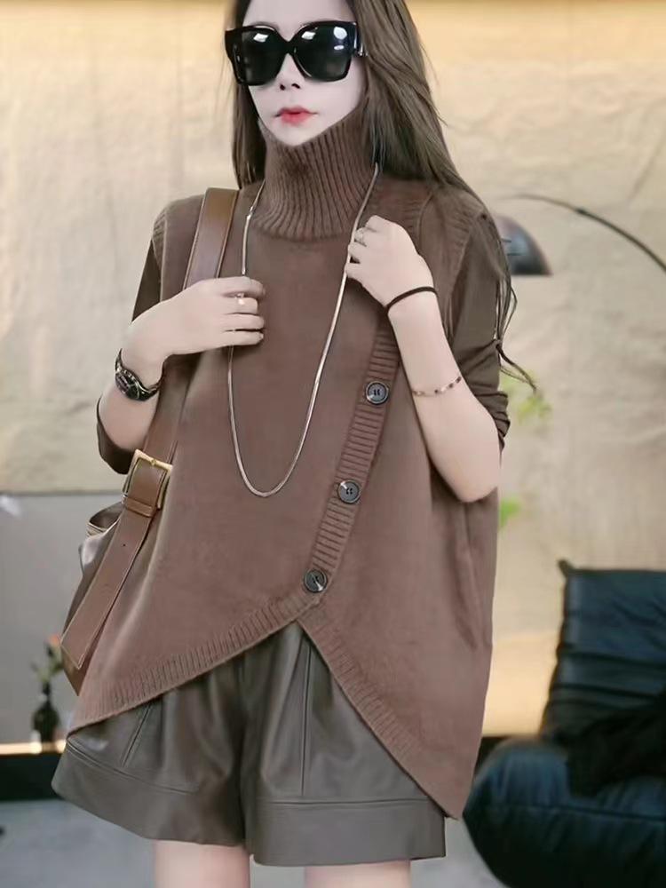 Women's Irregular Knit Sleeveless Sweater Vest - Autumn/Winter 2024, Loose Fit with Half-High Neck