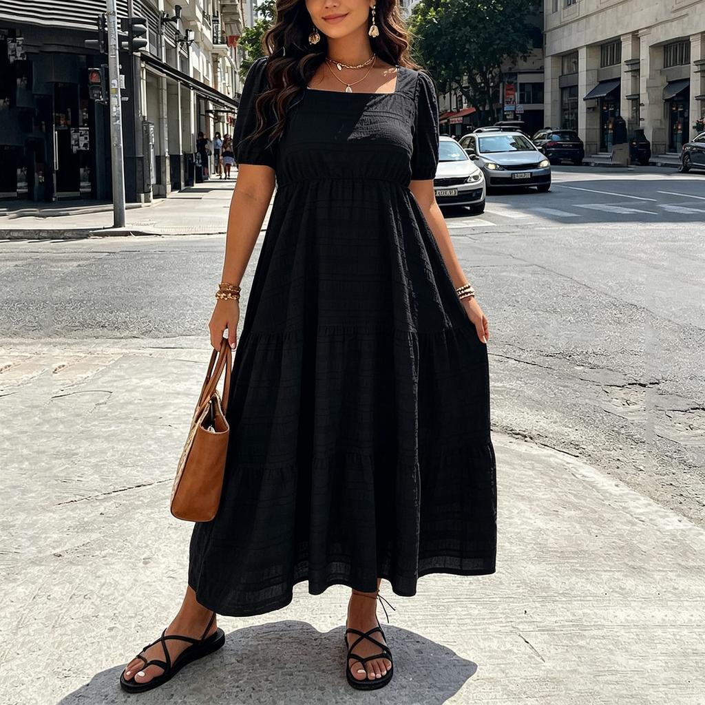 Women Plus Size Bohemian Maxi Dress Square Neck Puff Sleeve Loose Fit Casual Long Dress for Summer Beachwear